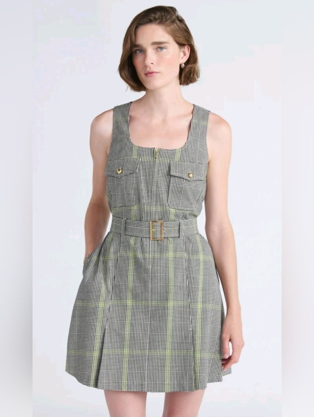 Checked Mini Dress with Belt - Green Accent